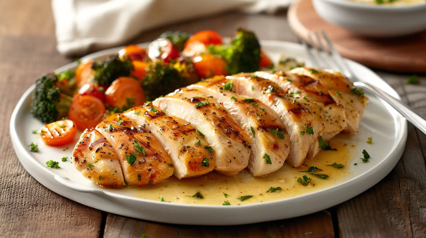 Juicy baked chicken breasts on a tray with lemon and parsley.