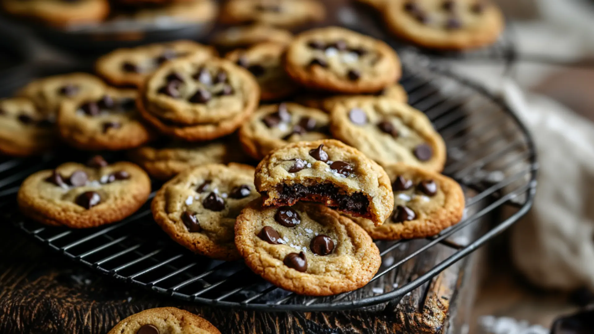 Freshly baked chocolate chip cookies with gooey melted chocolate.