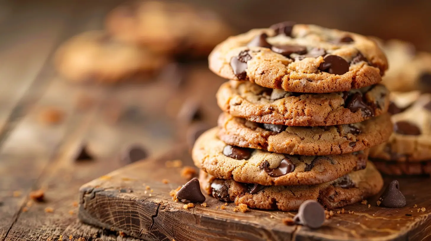 Crispy chewy chocolate chip cookies stacked with gooey melted chocolate