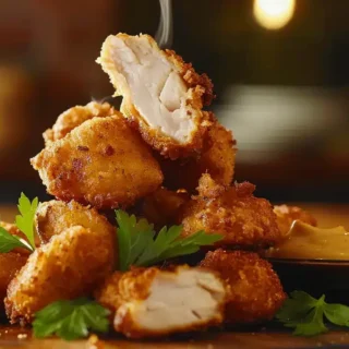 Crispy homemade chicken nuggets served on a rustic wooden platter with dipping sauce.