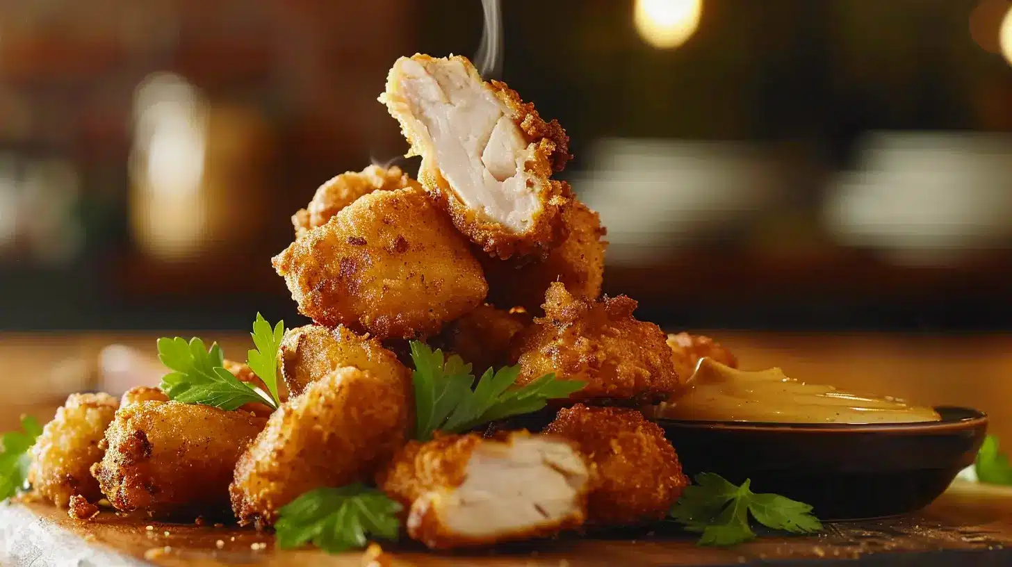 Crispy homemade chicken nuggets served on a rustic wooden platter with dipping sauce.