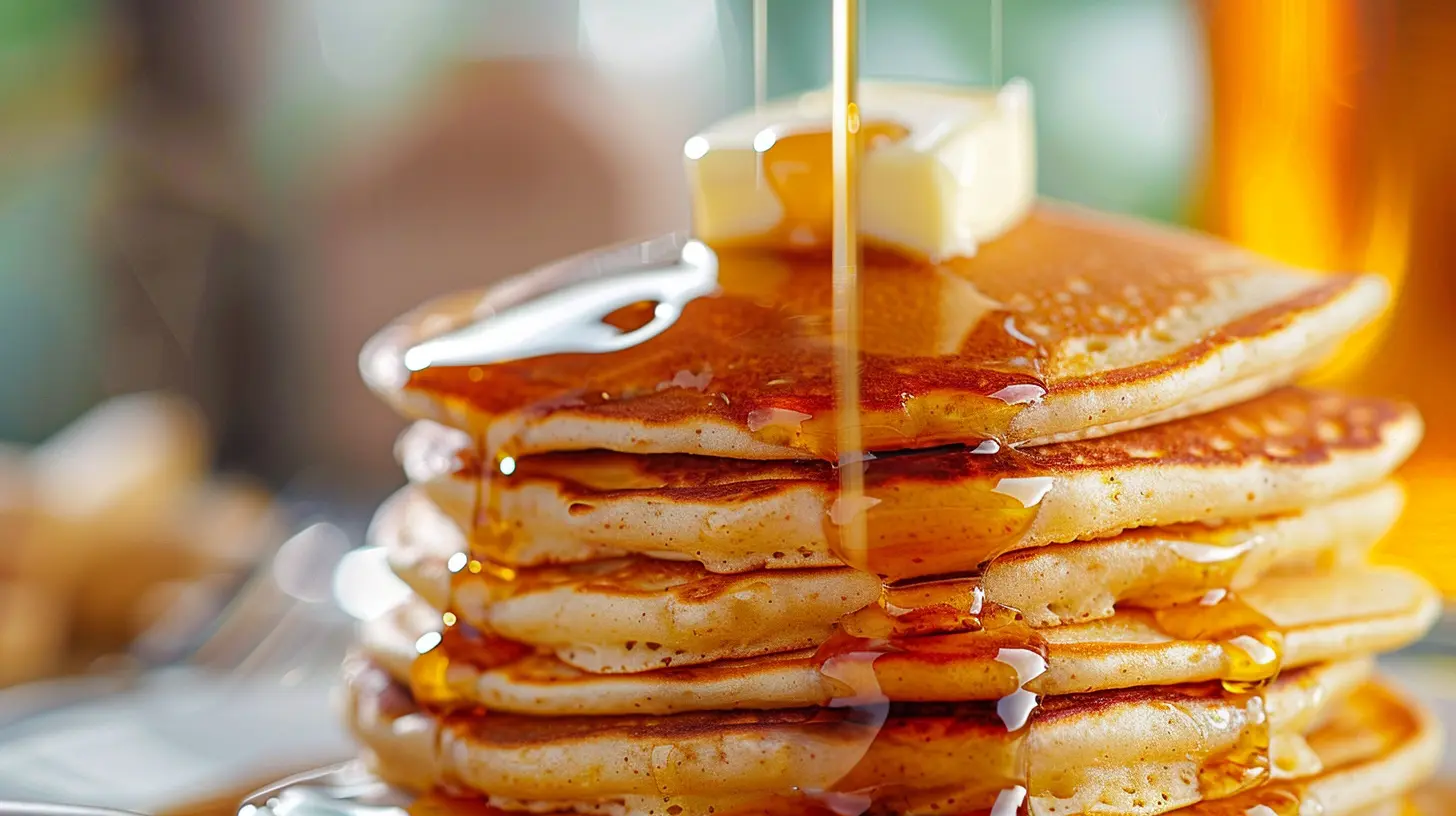 Fluffy buttermilk pancakes with butter and maple syrup.