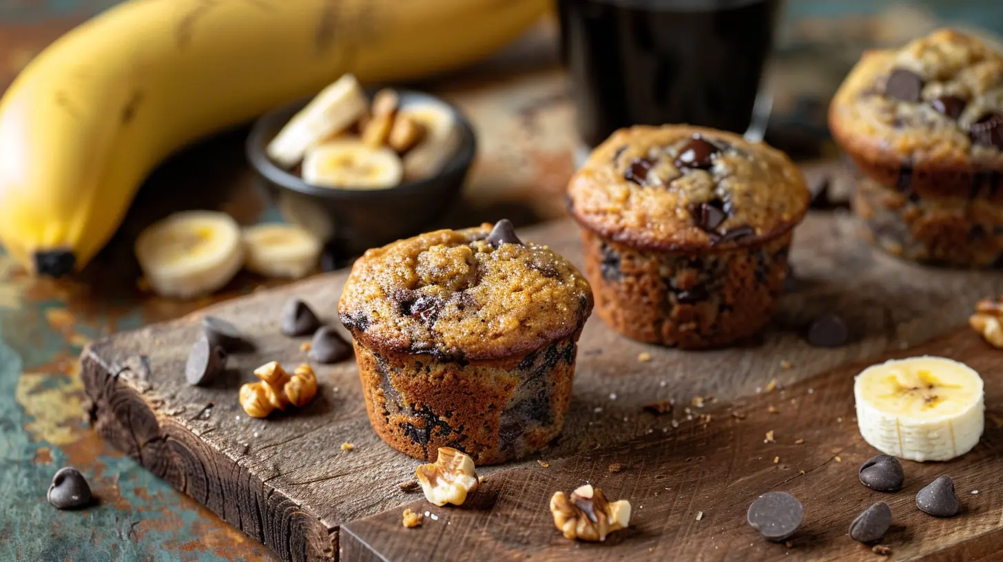 Freshly baked banana muffins with chocolate chips and walnuts on a rustic wooden table.