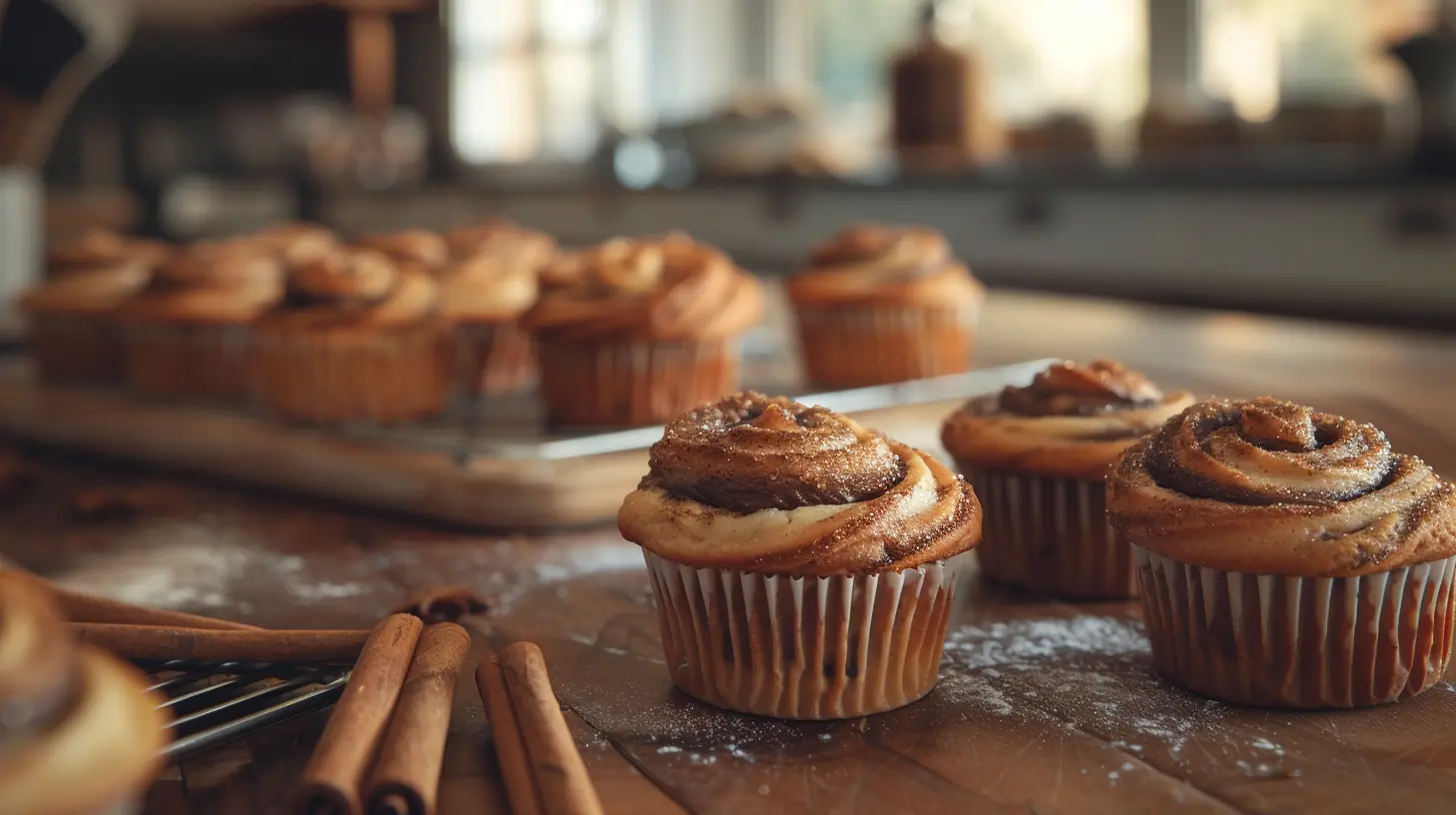 Freshly baked swirled cinnamon muffins with a golden-brown top and cinnamon sugar swirls.