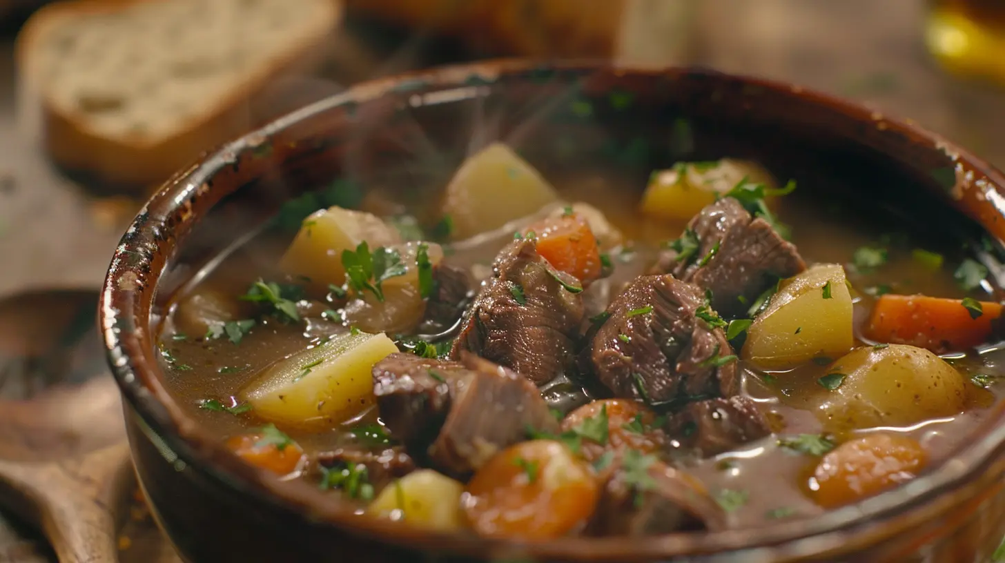 Instant Pot Beef Stew with tender beef, carrots, and potatoes in a rich broth