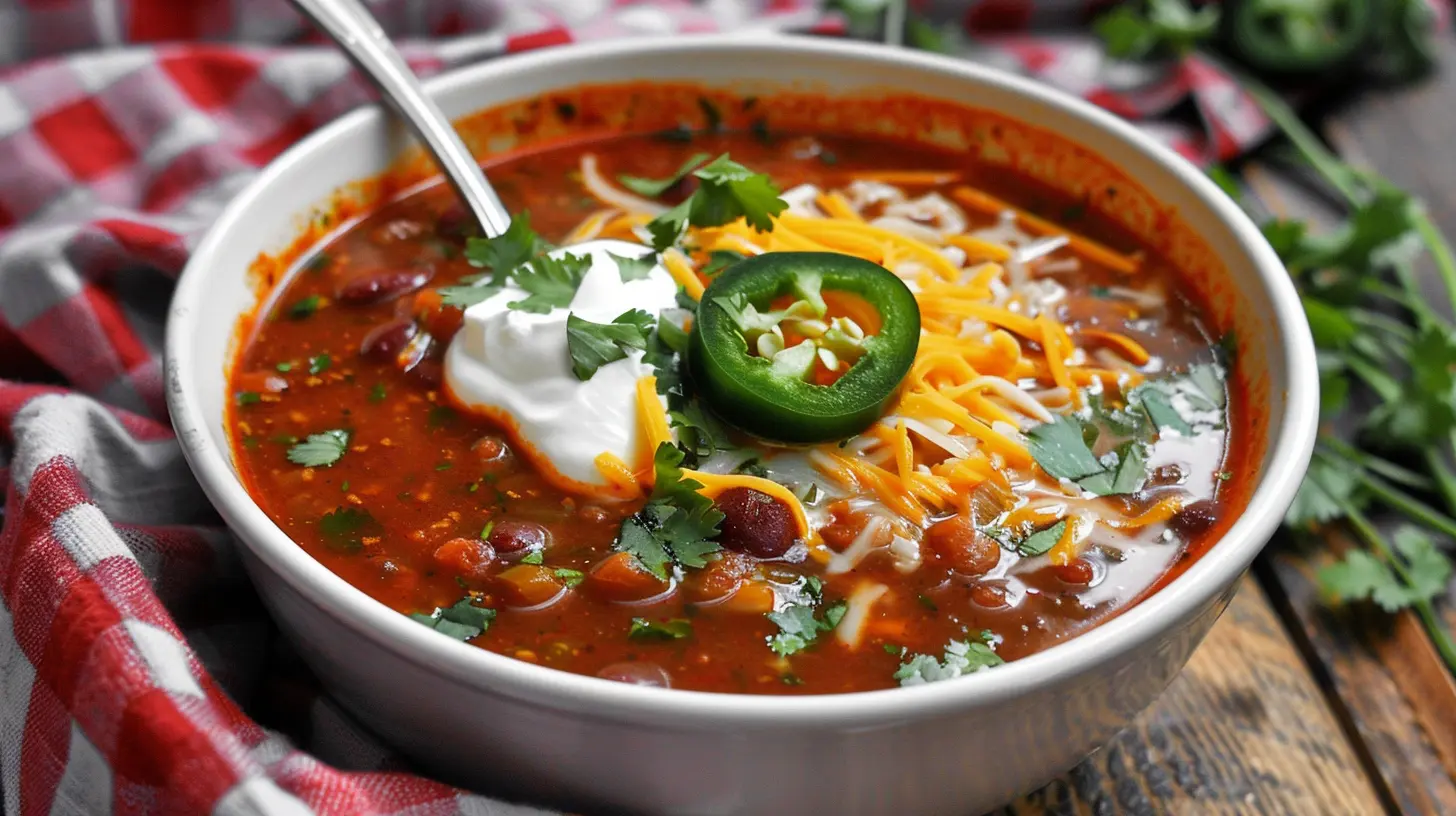 Instant Pot Chili with cheese, sour cream, and jalapeños