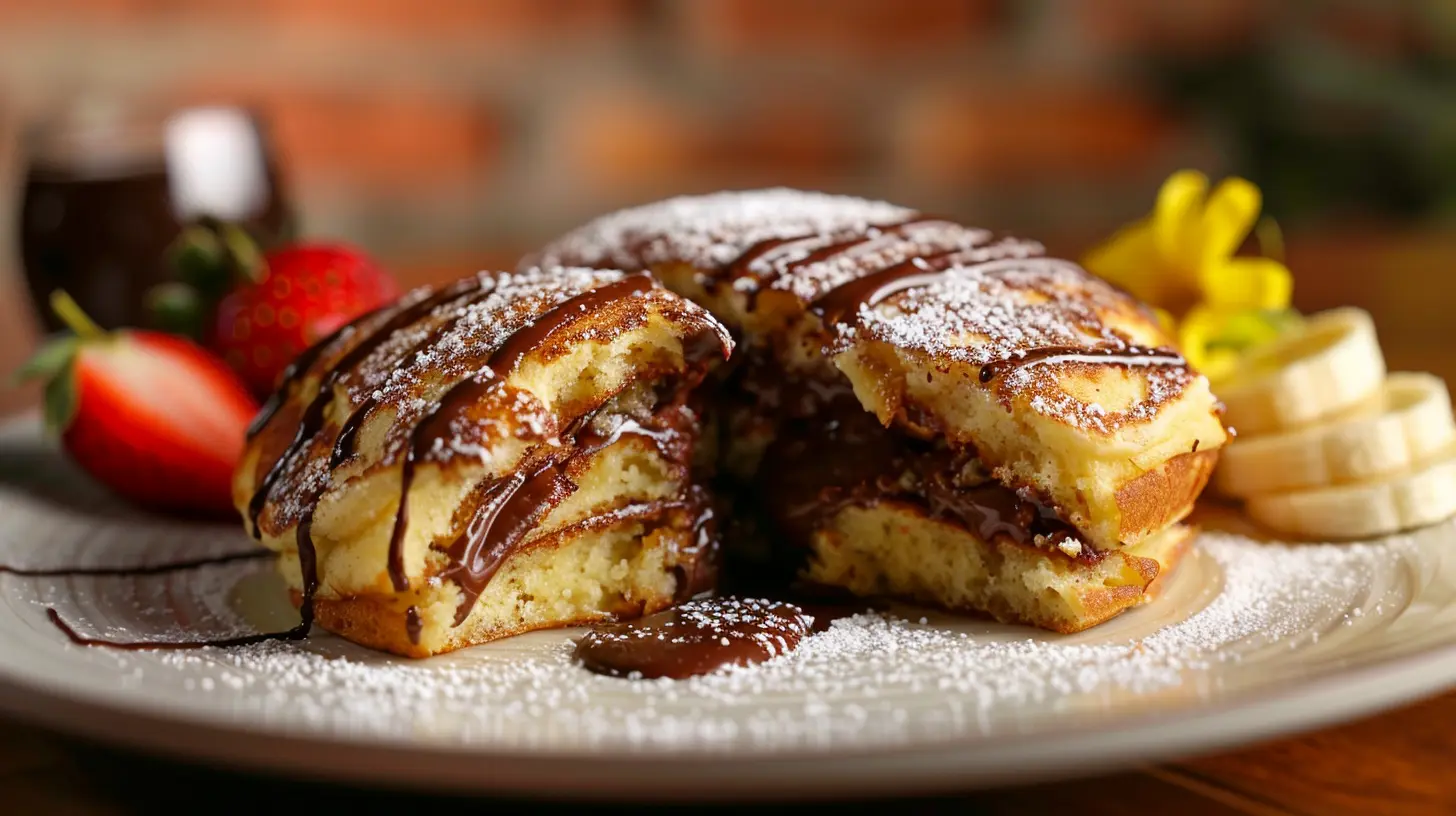 Fluffy Nutella stuffed pancakes with chocolate drizzle and fresh fruits.
