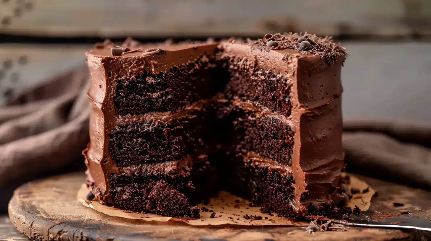 Perfect Chocolate Layer Cake with rich chocolate ganache filling.
