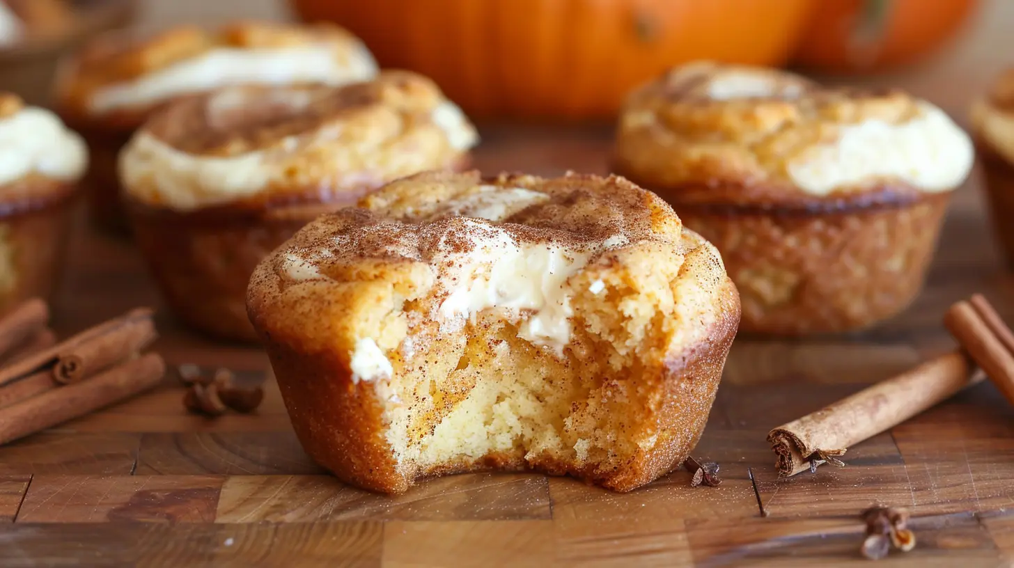Freshly baked Pumpkin Cream Cheese Muffins with a creamy filling.