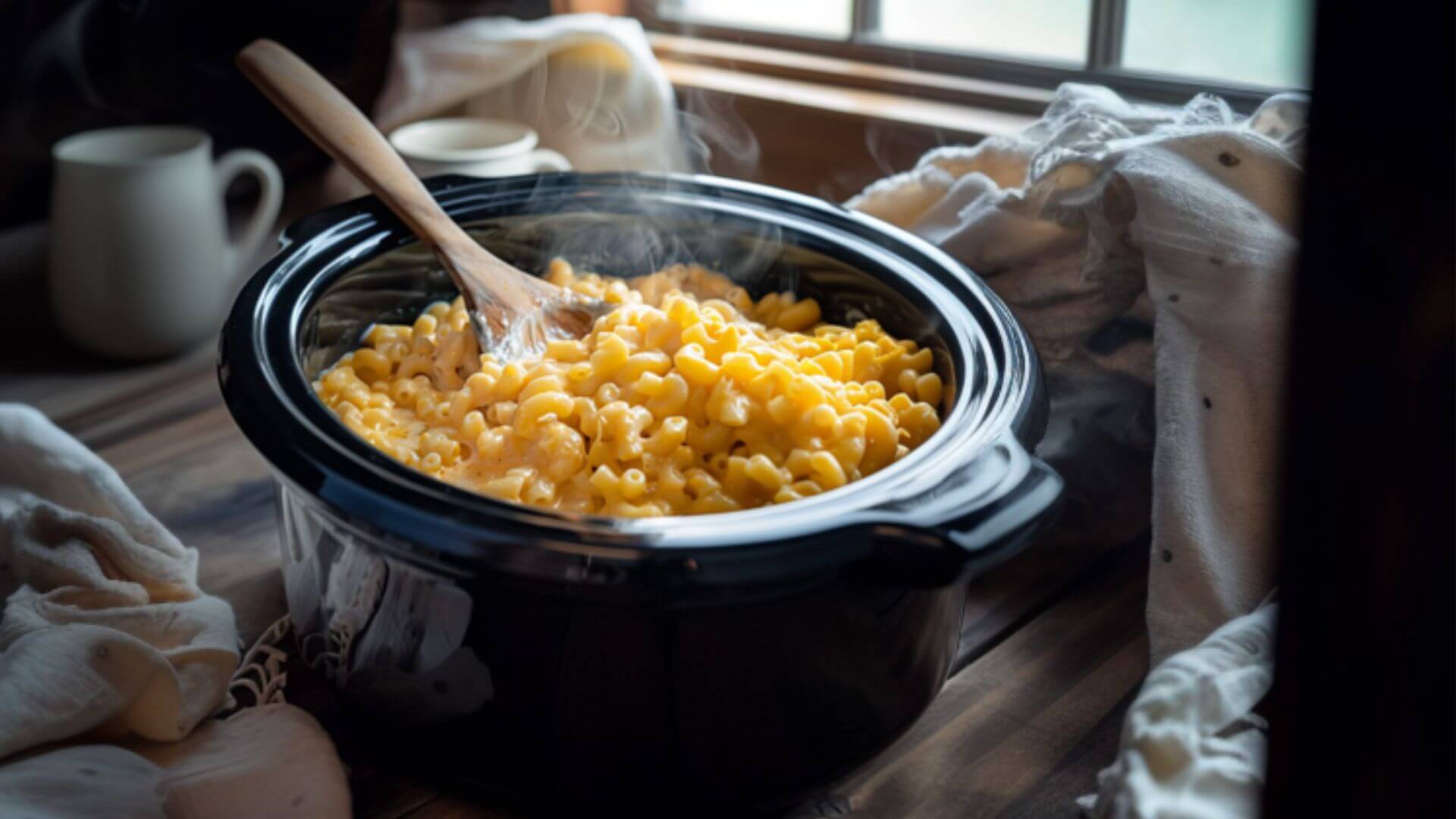Creamy crockpot mac and cheese steaming hot in a slow cooker, stirred with a wooden spoon, perfect for cozy comfort food dinners and easy family meals.
