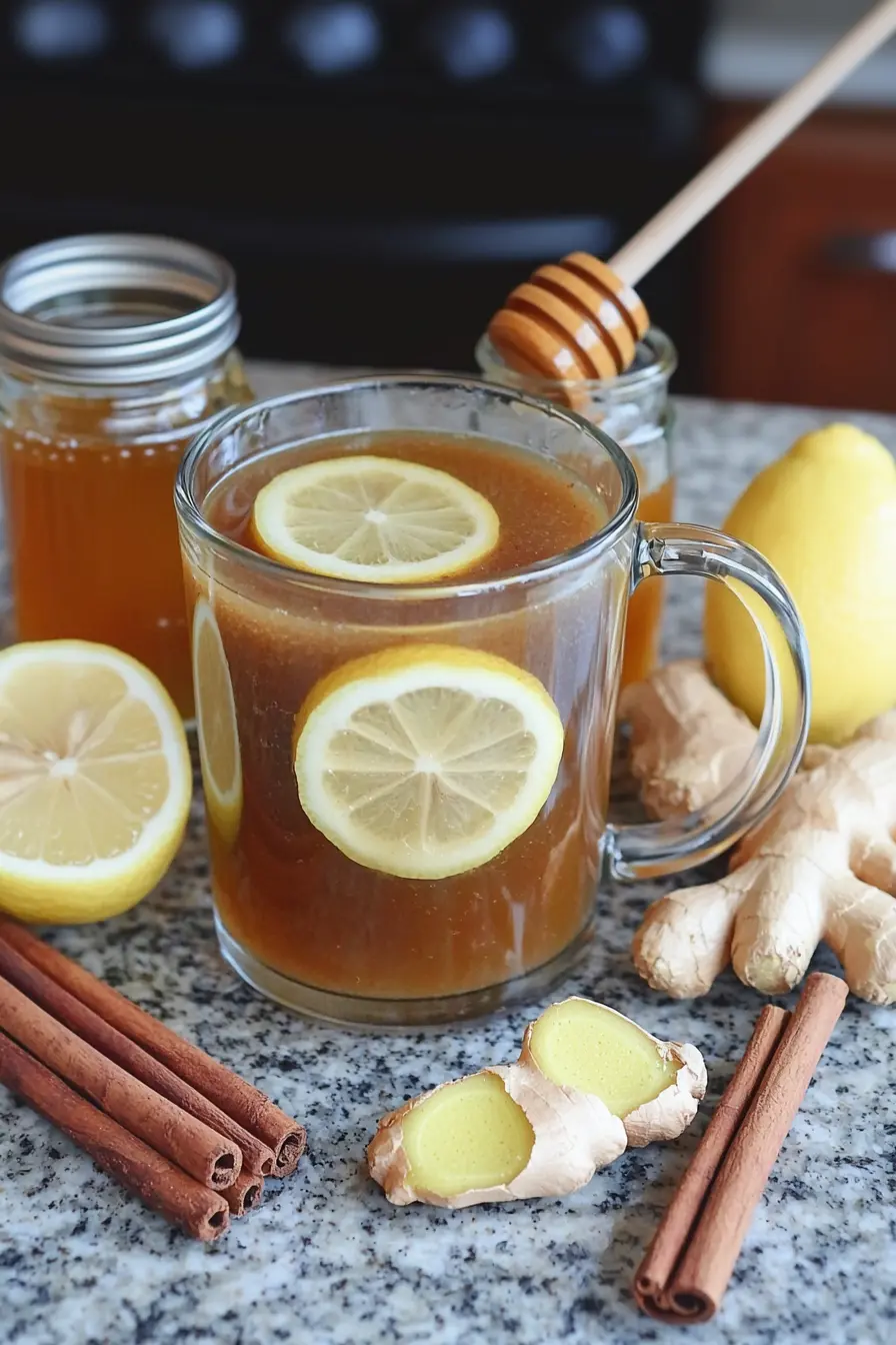 natural mounjaro recipe drink with lemon, ginger, and cinnamon on granite countertop