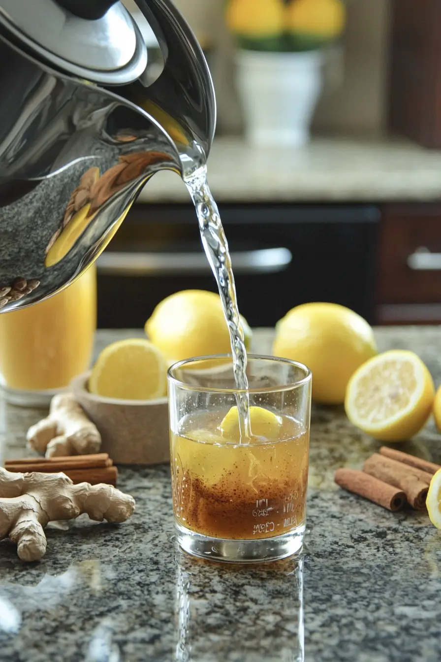 natural mounjaro recipe warm water being added and stirred on granite