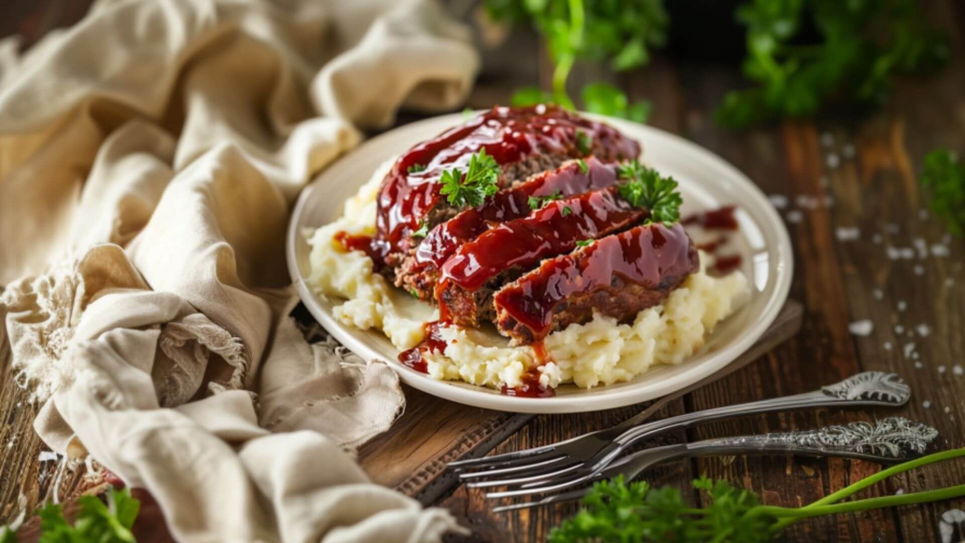 Rustic table setting with Cracker Barrel meatloaf and mashed potatoes