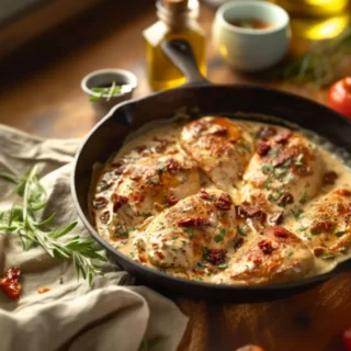Golden seared marry me chicken simmered in a creamy parmesan sauce with sun-dried tomatoes and basil in a cast iron skillet