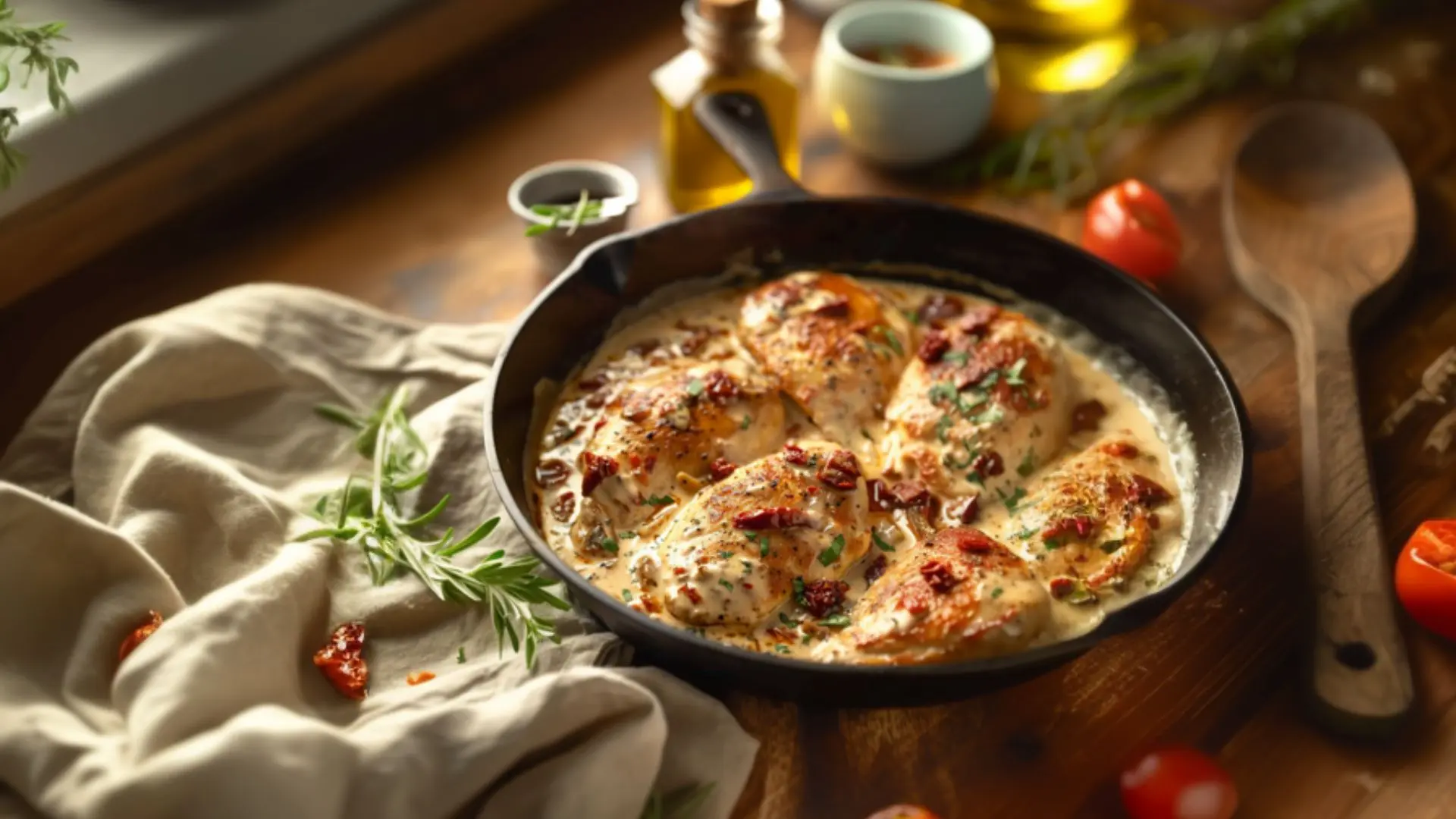 Golden seared marry me chicken simmered in a creamy parmesan sauce with sun-dried tomatoes and basil in a cast iron skillet