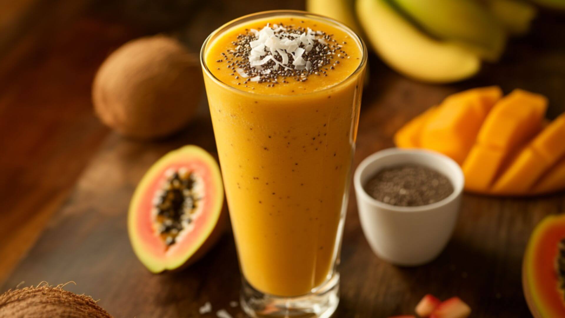 Best Natural Brazilian Mounjaro Smoothie with tropical fruits on rustic table