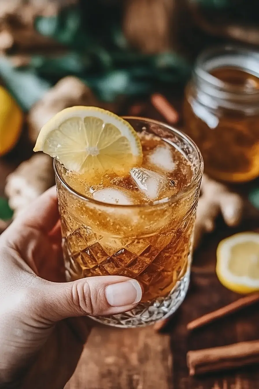 Natural Mounjaro Recipe for Fast Weight Loss (Simple Guide) 13 Hand holding a glass of Natural Mounjaro Recipe weight loss drink with lemon, ginger, and cinnamon on a rustic table.