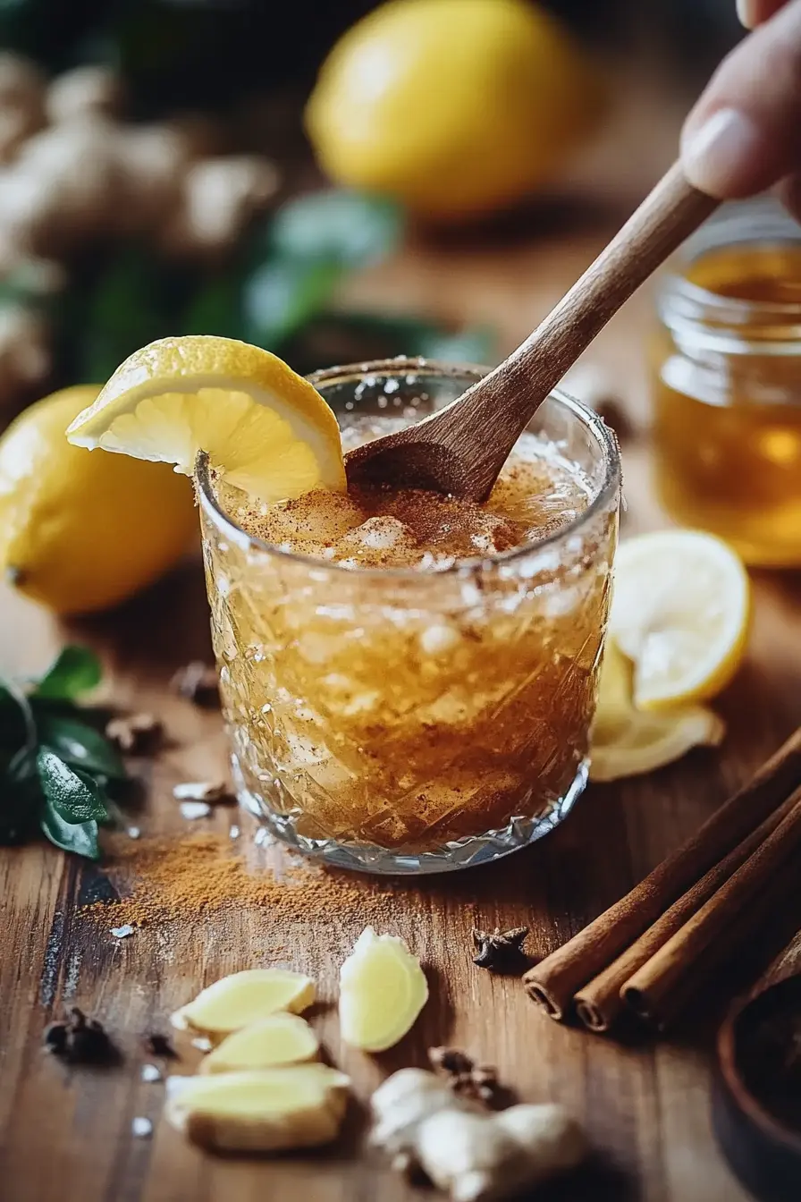 Natural Mounjaro Recipe for Fast Weight Loss (Simple Guide) 14 Hand stirring a Natural Mounjaro Recipe drink made with cinnamon, lemon, ginger, and apple cider vinegar.