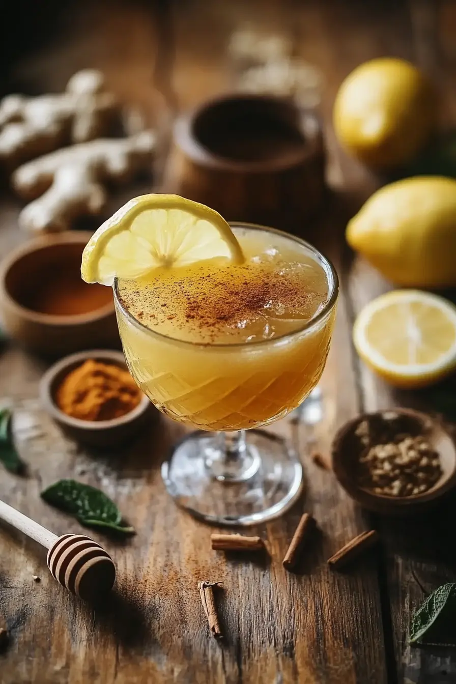 Natural Mounjaro Recipe for Fast Weight Loss (Simple Guide) 12 Top-down view of Natural Mounjaro Recipe drink surrounded by cinnamon, lemon, ginger, honey, and apple cider vinegar.