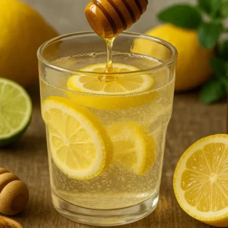 Glass of natural Mounjaro recipe drink with lemon slices, honey, and lime on a rustic wooden table.