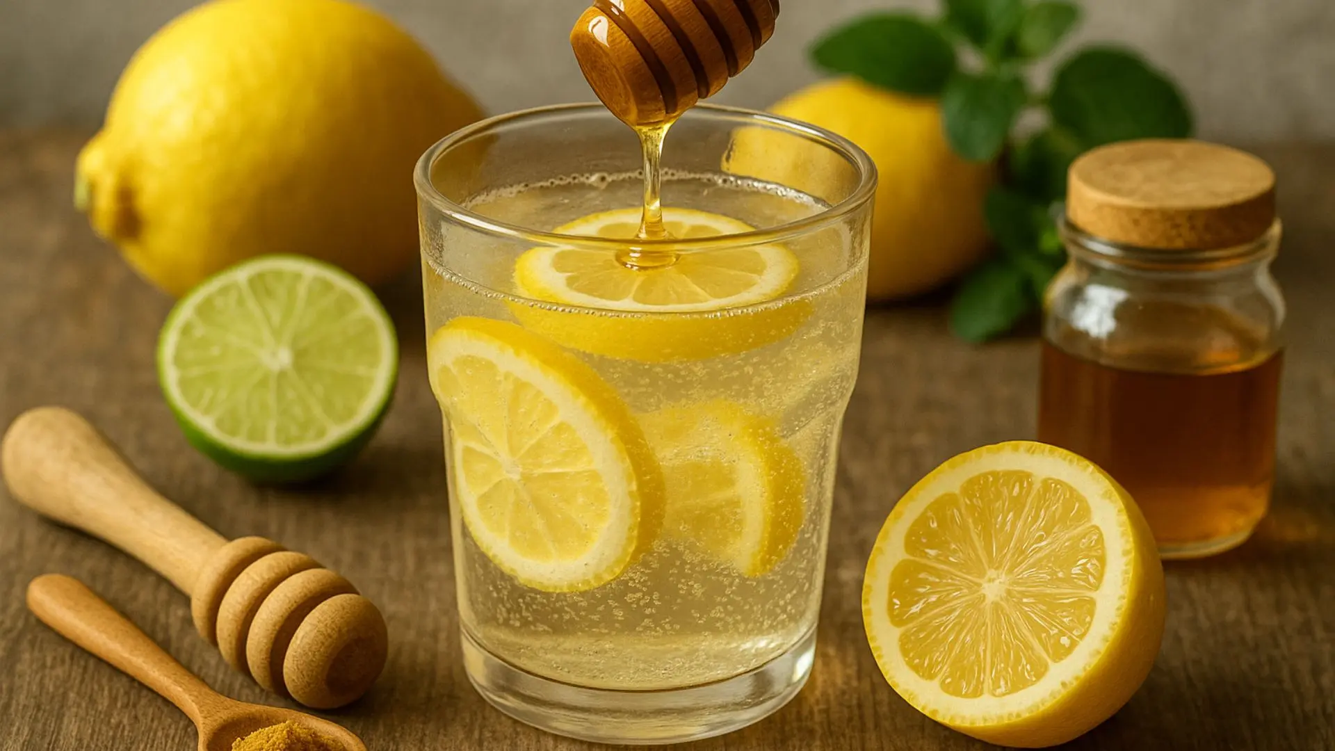 Natural Mounjaro Recipe for Fast Weight Loss (Simple Guide) 15 Glass of natural Mounjaro recipe drink with lemon slices, honey, and lime on a rustic wooden table.