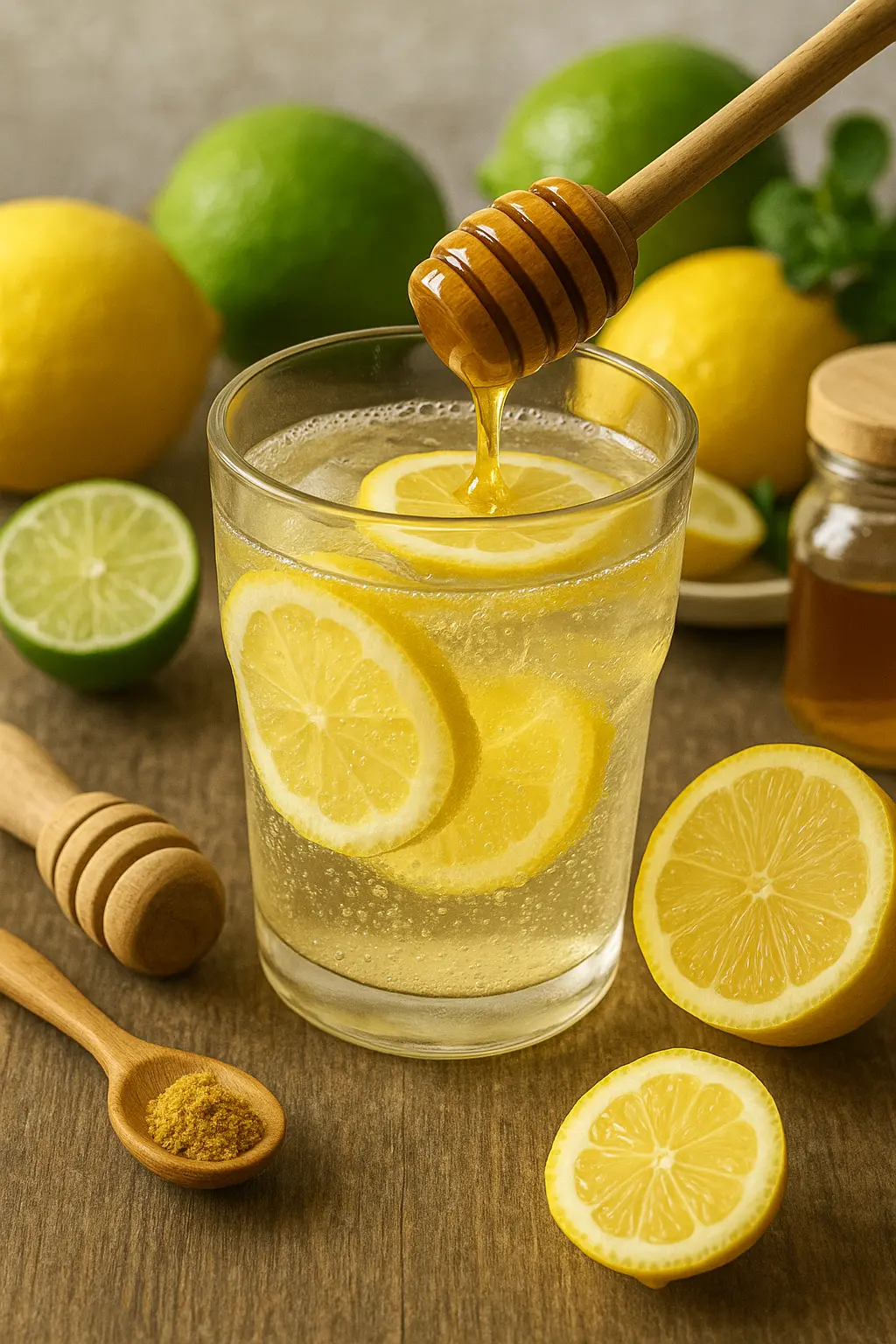 Natural Mounjaro Recipe for Fast Weight Loss (Simple Guide) 14 Glass of natural Mounjaro recipe drink with lemon slices, honey, and lime on a rustic wooden table.