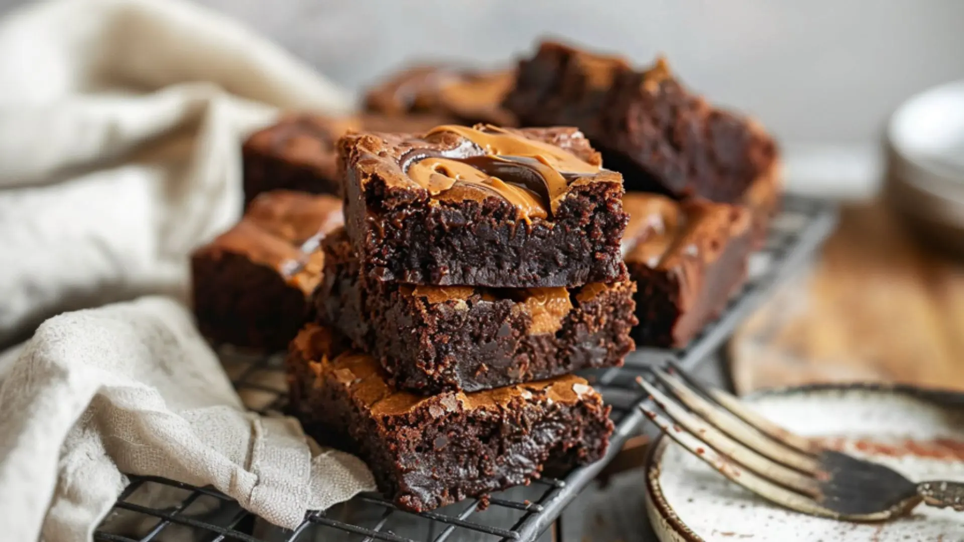 Close-up of gooey peanut butter banana brownies