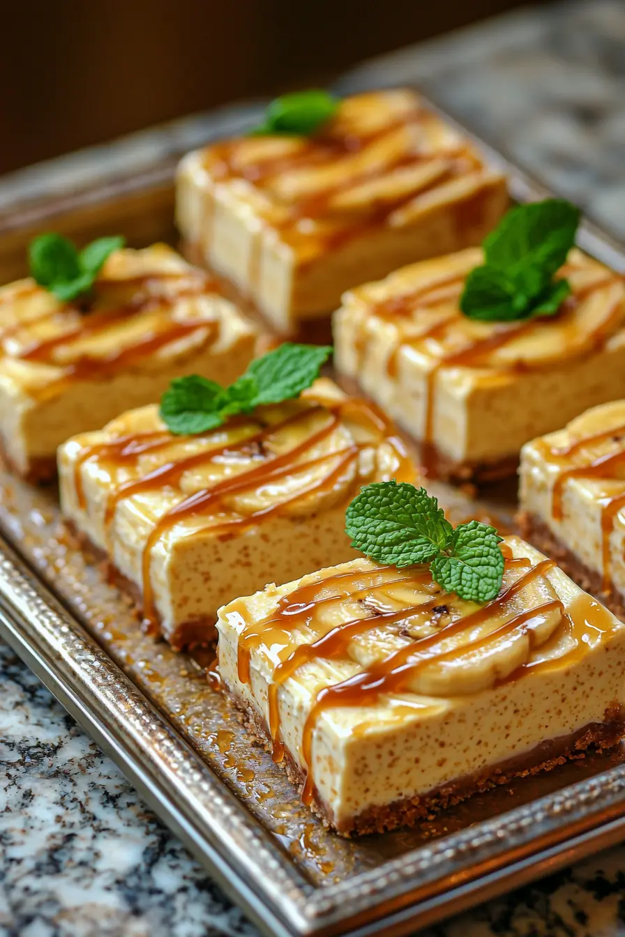 Irresistible No-Bake Banana Pudding Cheesecake Recipe! 8 banana pudding cheesecake bars with caramel drizzle and mint on granite countertop