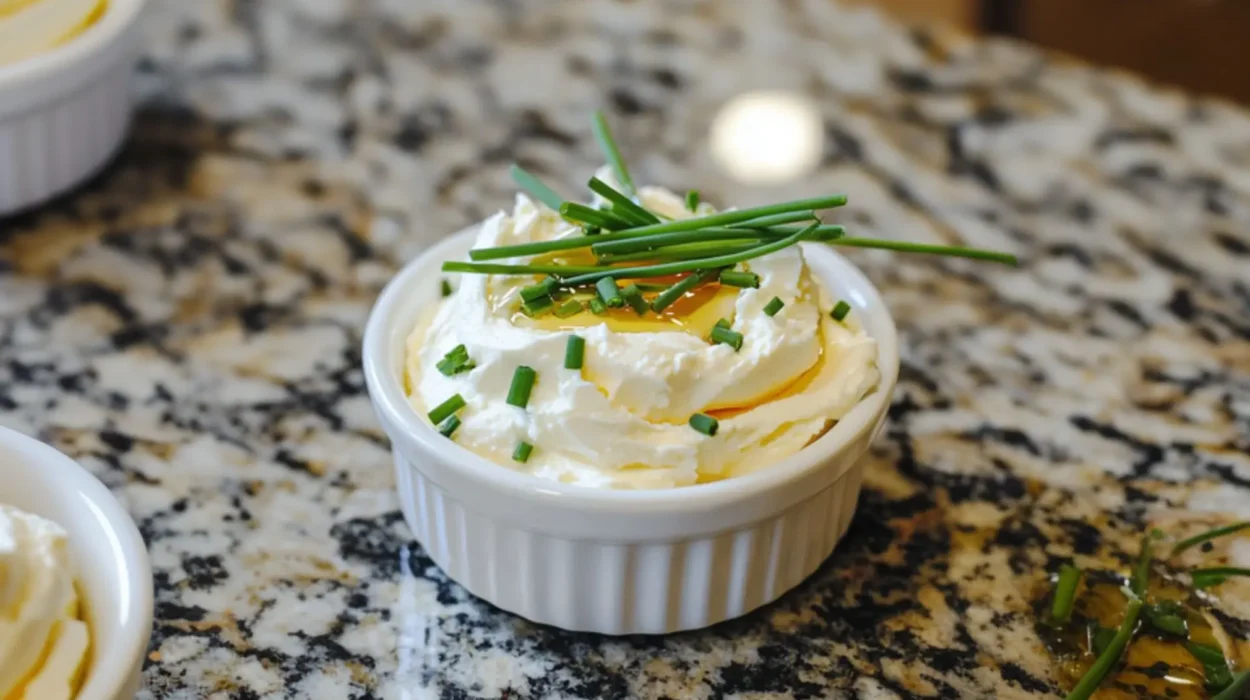homemade Philadelphia cream cheese in white bowl on granite countertop