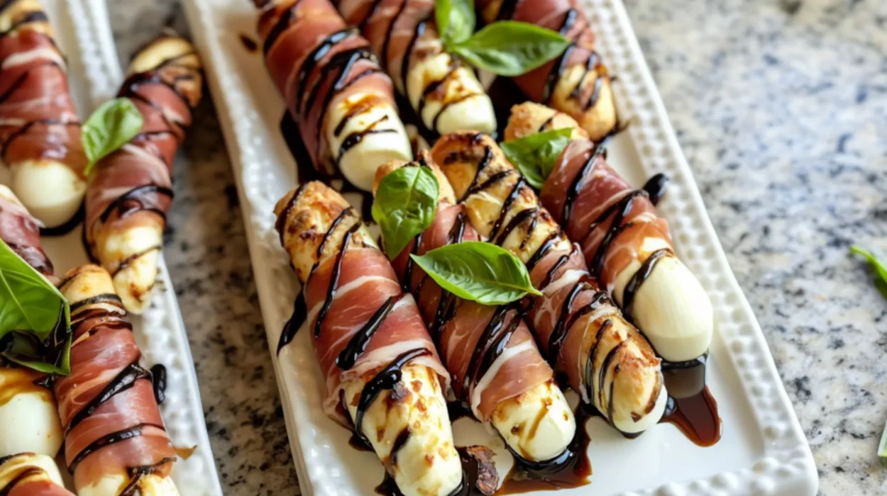 Mozzarella wrapped with prosciutto appetizer on granite countertop