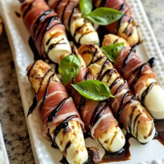 Mozzarella wrapped with prosciutto appetizer on granite countertop