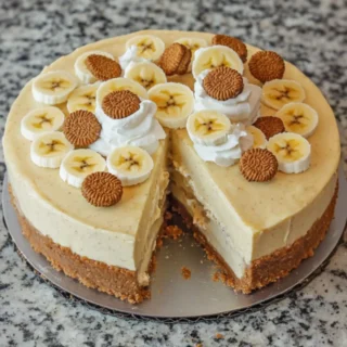 no-bake banana pudding cheesecake with Nilla Wafers on granite countertop