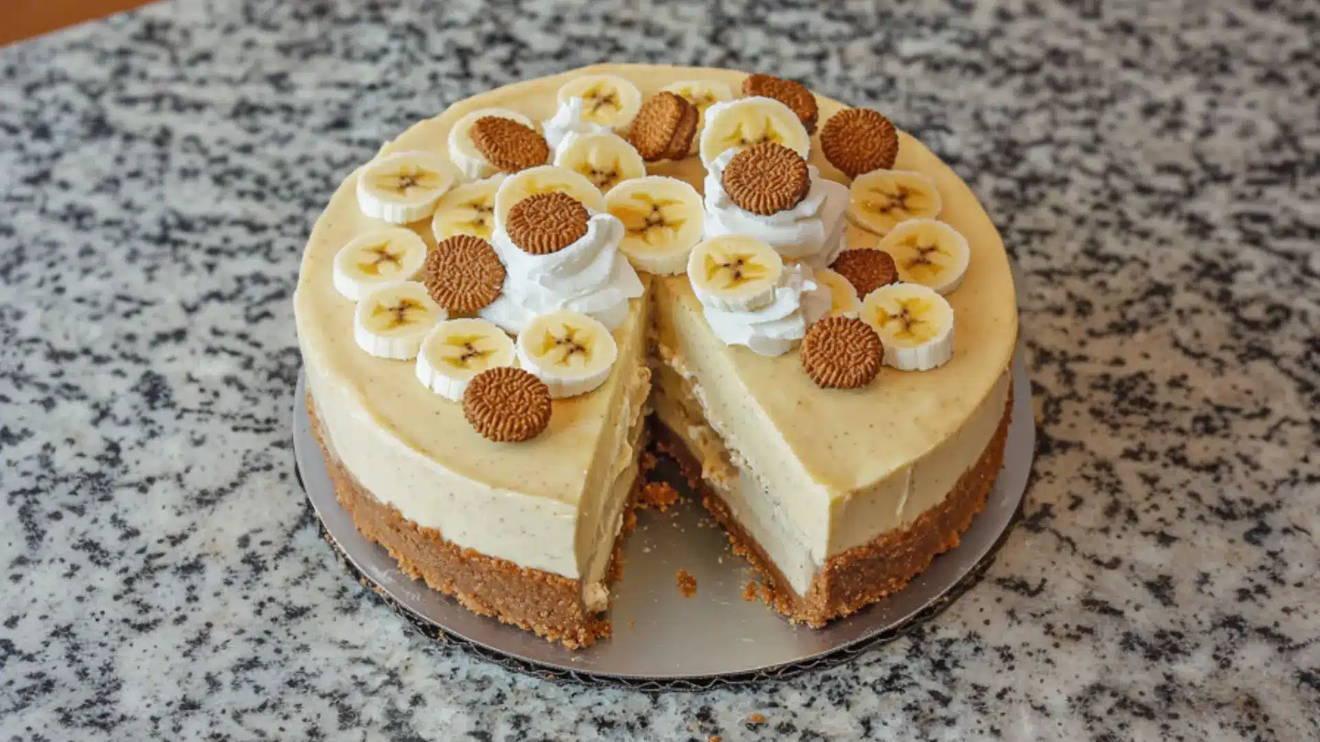 no-bake banana pudding cheesecake with Nilla Wafers on granite countertop