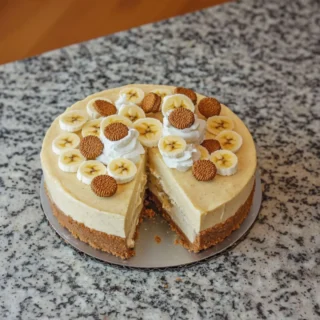 Irresistible No-Bake Banana Pudding Cheesecake Recipe! 9 no-bake banana pudding cheesecake with Nilla Wafers on granite countertop