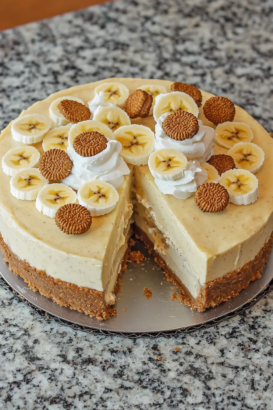 Irresistible No-Bake Banana Pudding Cheesecake Recipe! 6 no-bake banana pudding cheesecake with Nilla Wafers on granite countertop