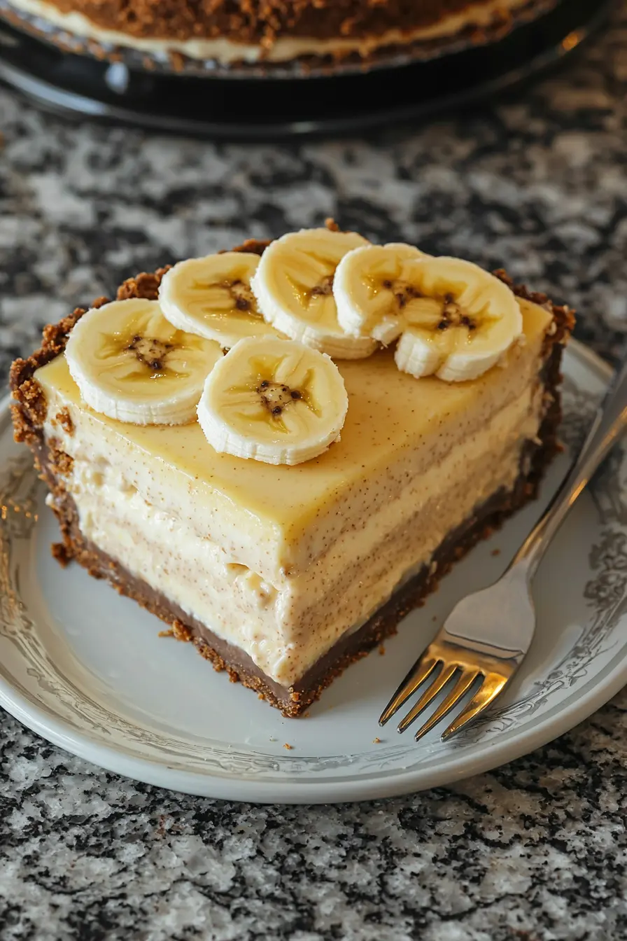 Irresistible No-Bake Banana Pudding Cheesecake Recipe! 7 slice of banana pudding cheesecake with Nilla Wafer crust on granite countertop