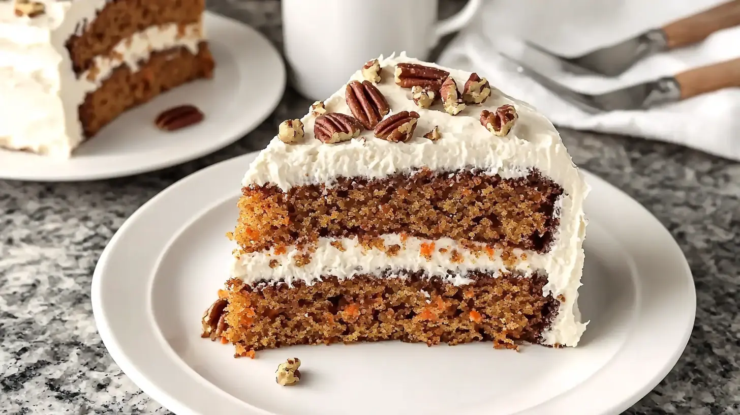 Deliciously moist carrot cake slice with pecans and cream cheese frosting