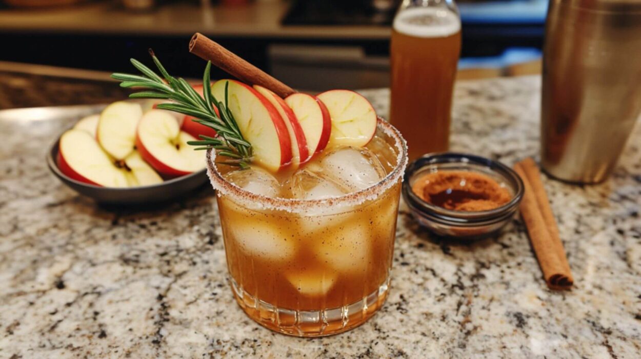 Smoky Apple Cider Paloma Mocktail with apple slices and sugared rosemary