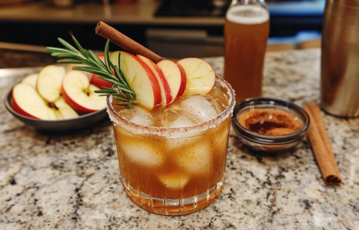 Smoky Apple Cider Paloma Mocktail: A Cozy Fall Delight 1 Smoky Apple Cider Paloma Mocktail with apple slices and sugared rosemary