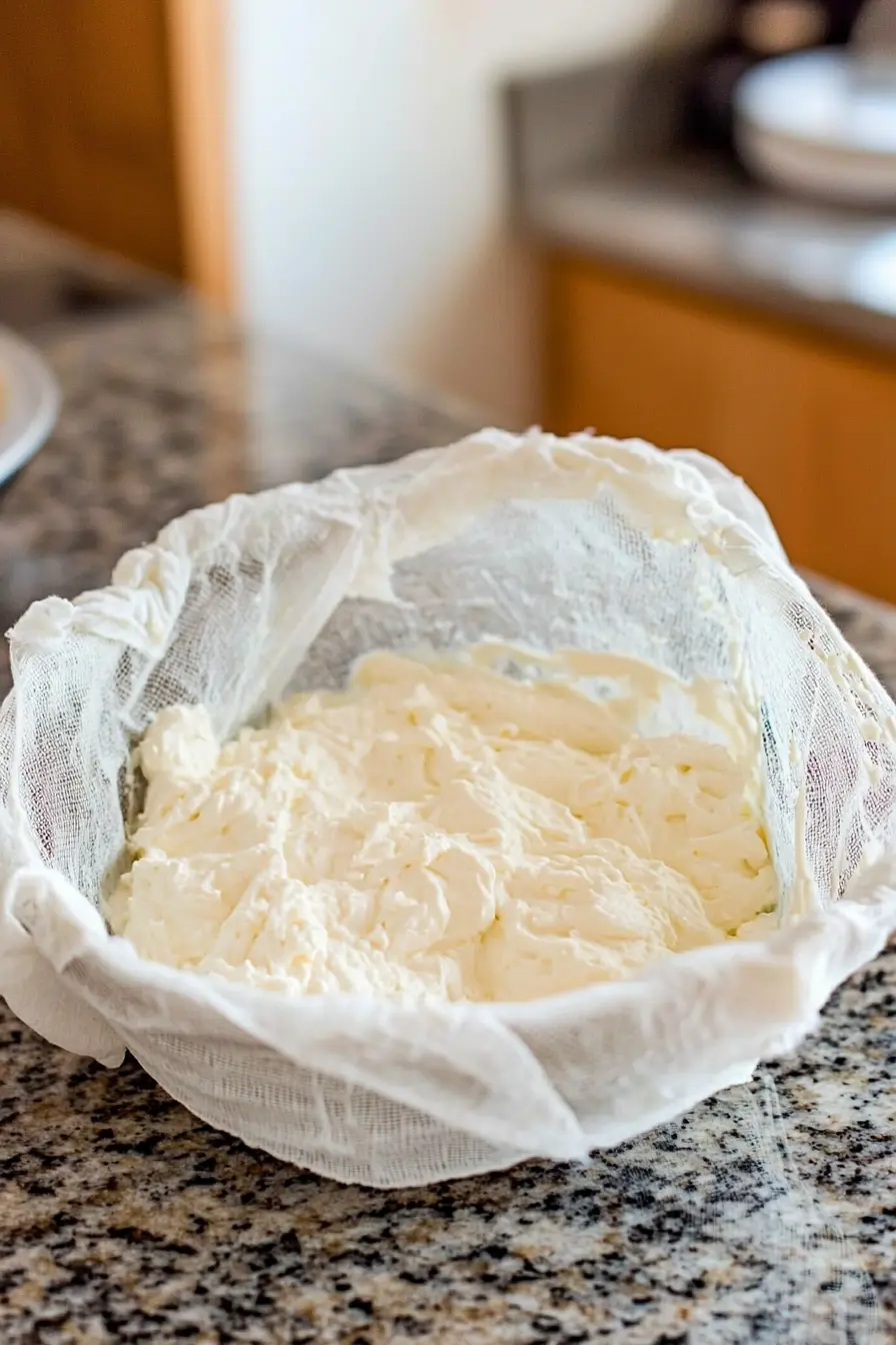 Homemade Philadelphia Cream Cheese Recipe: Creamy Delight! 9 straining homemade Philadelphia cream cheese through cheesecloth on granite countertop