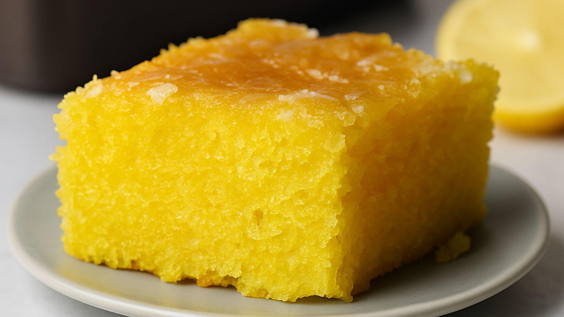 Close-up of a moist, vibrant yellow slice of A Lemon Cake to Die for! with a glossy lemon glaze, served on a white plate.