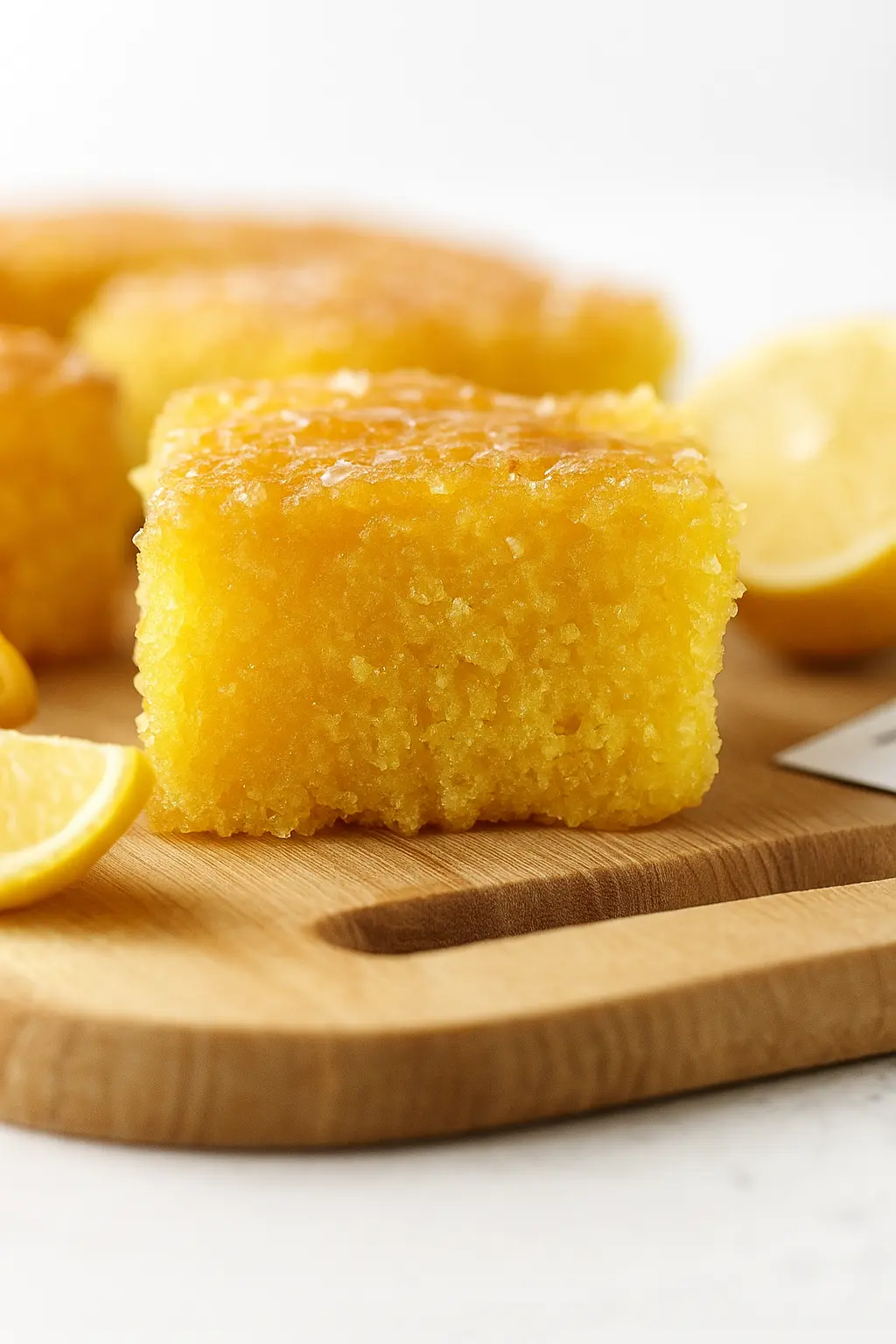 A Lemon Cake to Die for! 8 Moist and vibrant slice of A Lemon Cake to Die for! with glossy lemon glaze, styled on a wooden board with fresh lemon wedges.