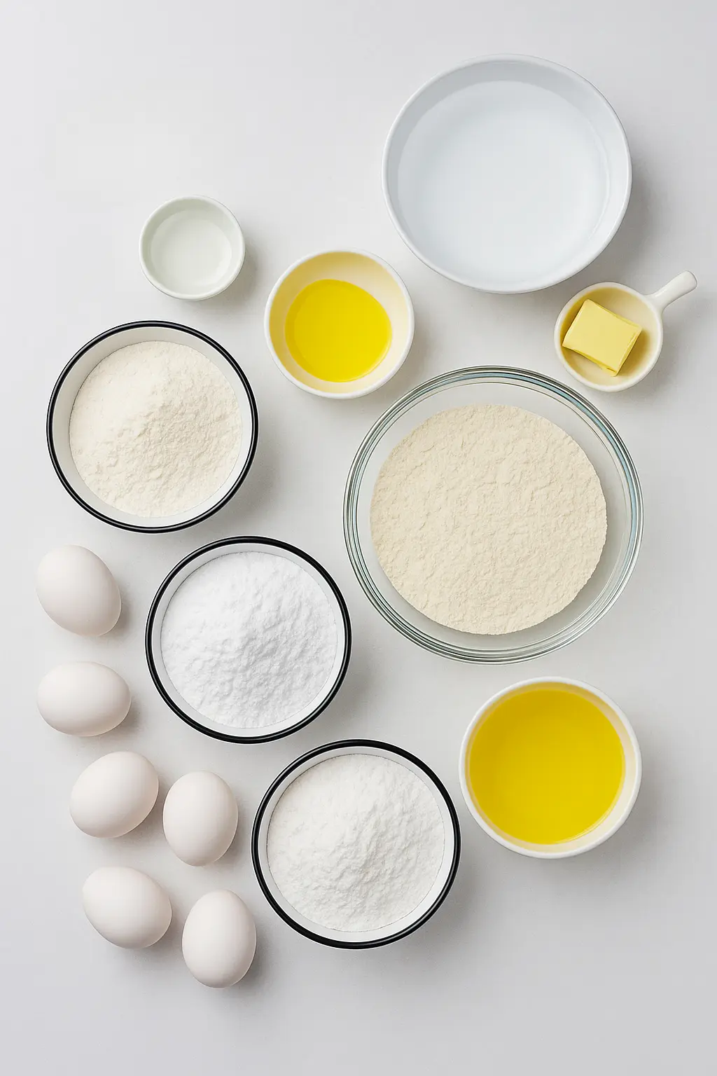 A Lemon Cake to Die for! 7 Flat lay of ingredients for A Lemon Cake to Die for! including eggs, flour, powdered sugar, oil, water, and butter.