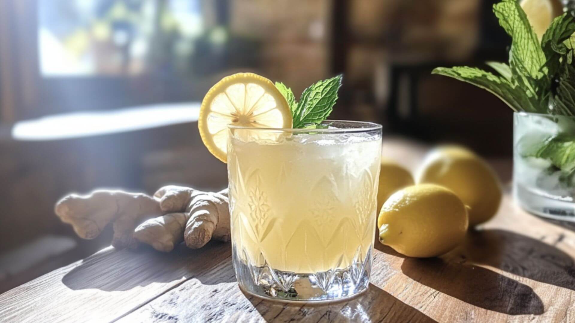 Best homemade Mounjaro drink with lemon, ginger, and honey in a clear glass on a rustic table.