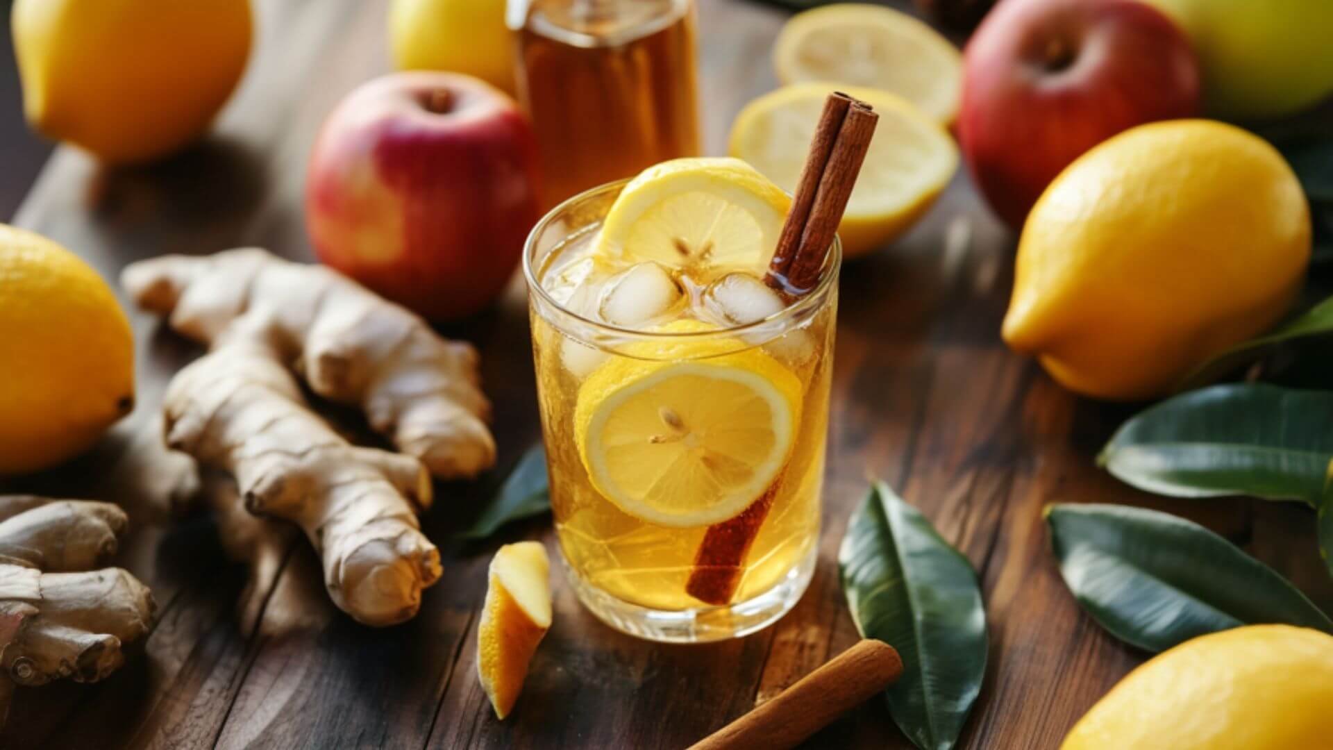 Brazilian Mounjaro drink with vinegar and lemon on a wooden table