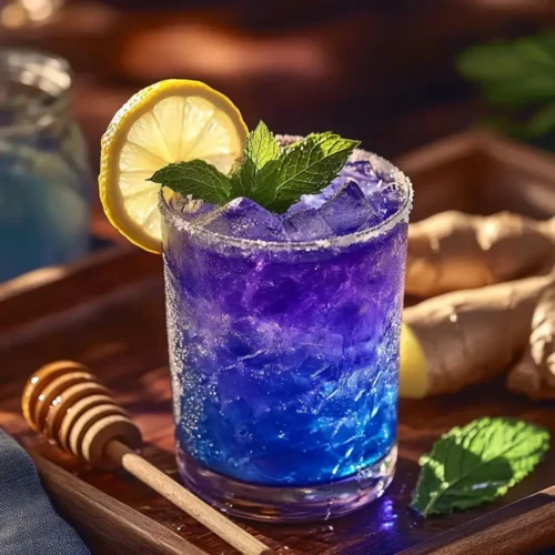Mounjaro Recipe Ingredients: Everything You Need to Know 13 Final version of Mounjaro drink served cold with lemon, mint, and butterfly pea flowers in a stylish wellness setting