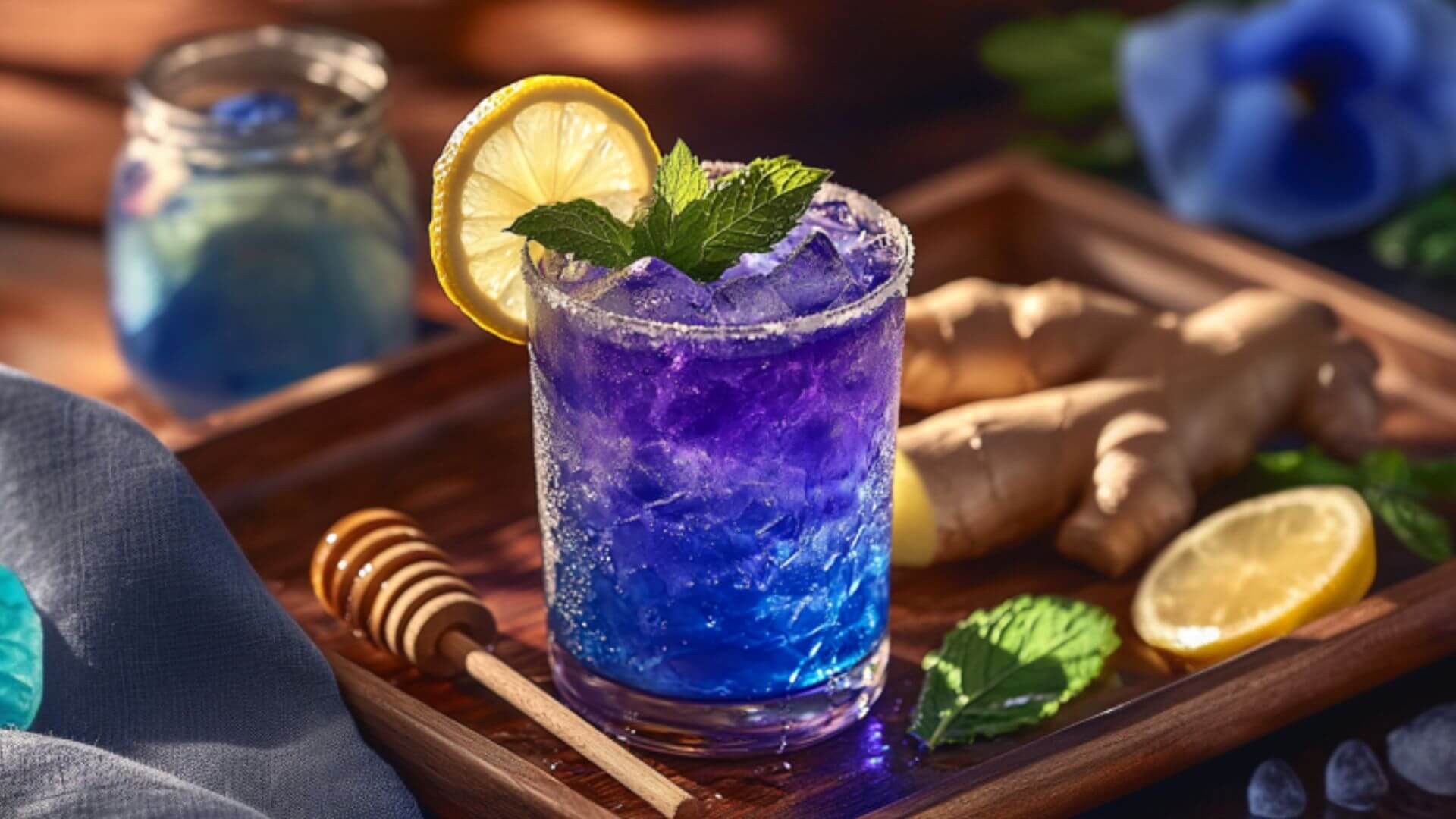 Final version of Mounjaro drink served cold with lemon, mint, and butterfly pea flowers in a stylish wellness setting