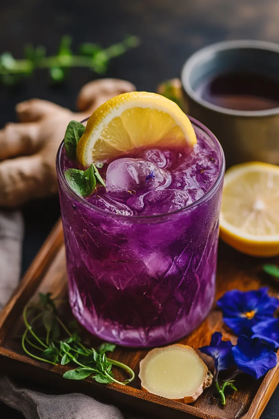 Mounjaro Recipe Ingredients: Everything You Need to Know 10 A refreshing glass of homemade Mounjaro drink with lemon and butterfly pea flowers on a bamboo tray
