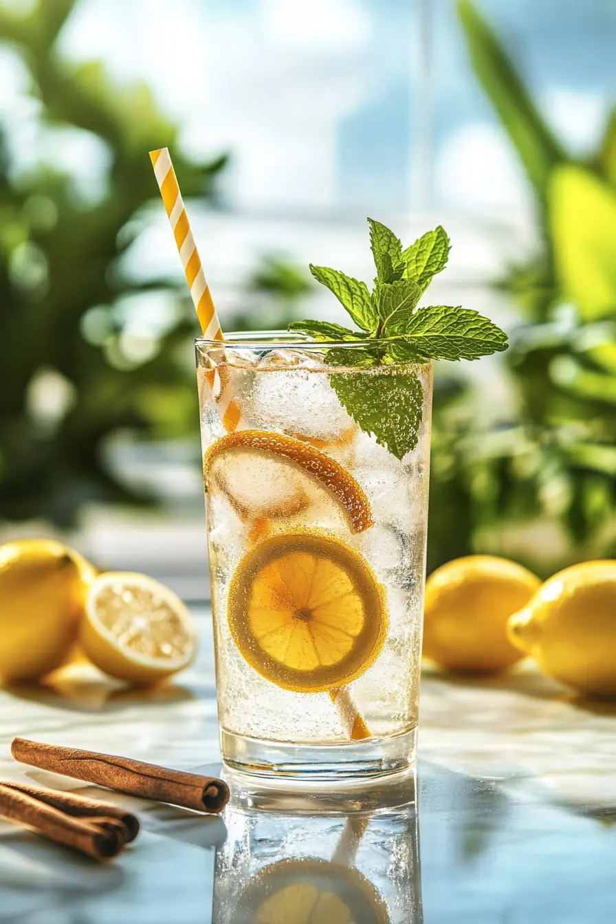 How to Make a Natural Mounjaro Recipe with Only 4 Ingredients 14 Iced and sparkling natural Mounjaro drink with lemon, mint, and cinnamon