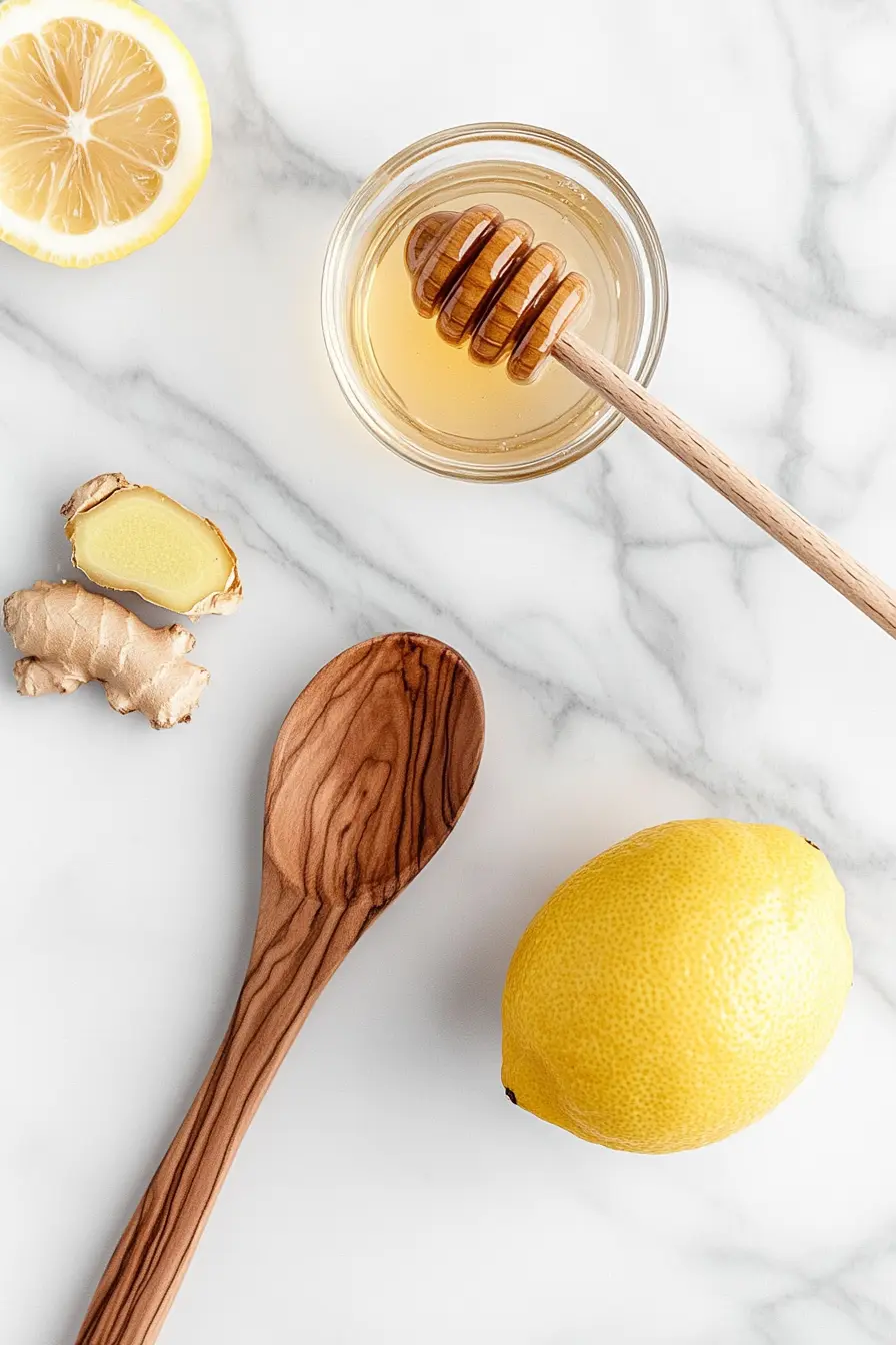 4-Ingredient Natural Mounjaro Recipe: A Simple Way to Support Your Health 9 Flat lay of lemon, ginger, raw honey, and warm water for Mounjaro-inspired detox drink